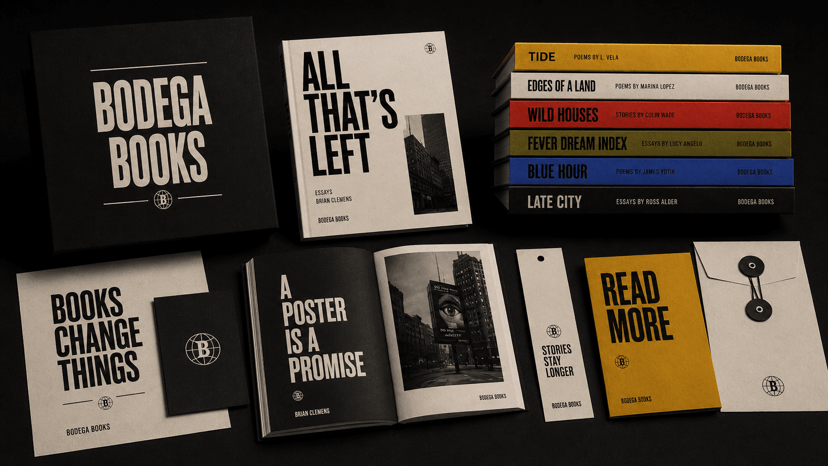 The Bodega Books collection laid out: slipcase, titles, print and stationery