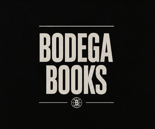 The Bodega Books logotype and globe mark on black cloth