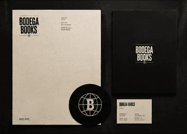 Bodega Books stationery: letterhead, folder, coaster and business cards