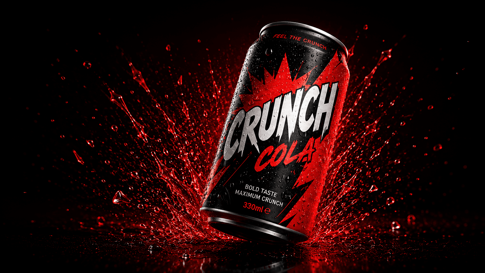 The Crunch Cola can erupting out of a red splash