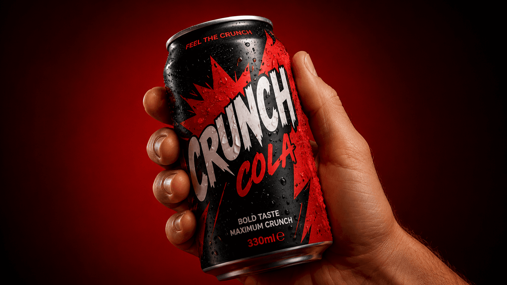 A hand holding the Crunch Cola can against a deep red backdrop