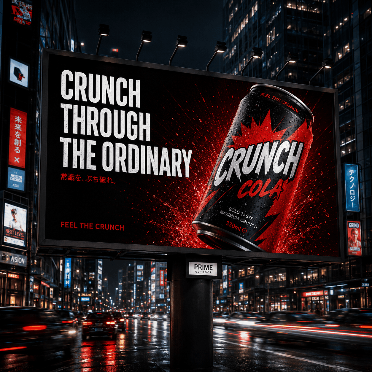 Crunch Through The Ordinary billboard over a rain-slick city street