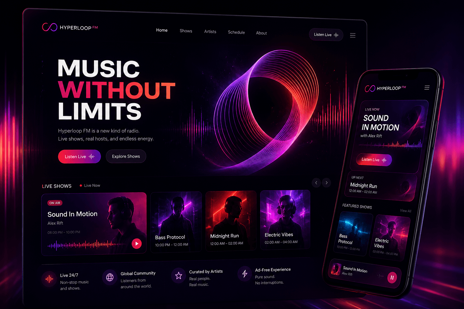 The Hyperloop FM site on desktop and mobile