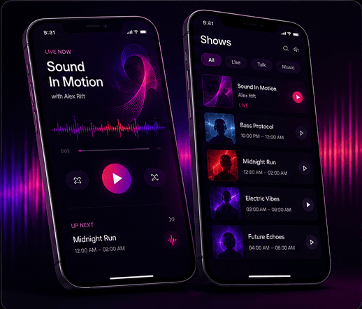 The Hyperloop FM app showing now playing and the show schedule