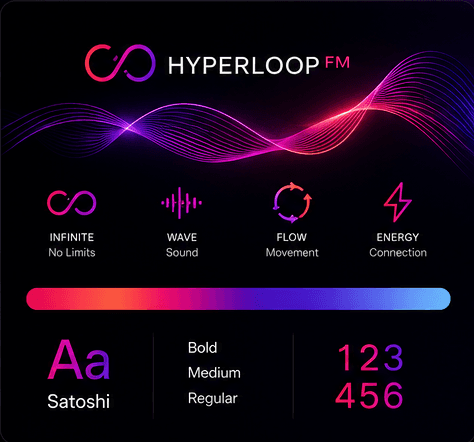 Hyperloop FM brand sheet with the waveform mark, gradient palette and Satoshi type