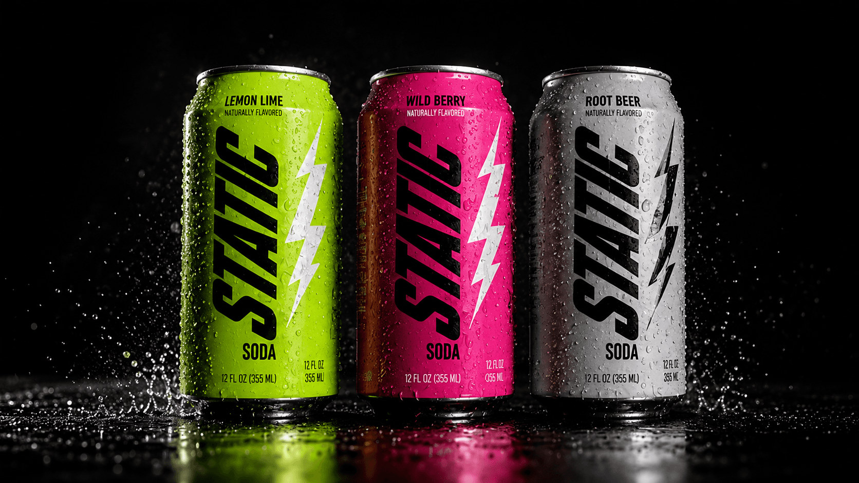 The Static Soda lineup in lemon lime, wild berry and root beer