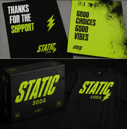 Static Soda merch: insert cards, a shipper box and a tee