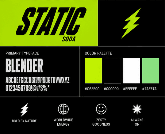 Static Soda brand sheet with Blender type and the acid-green palette